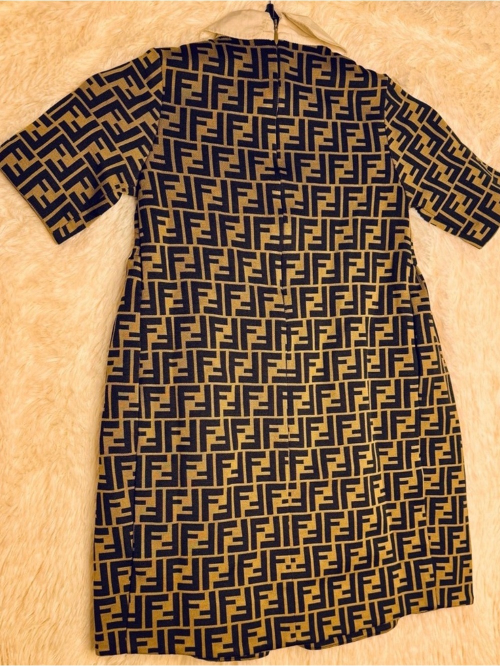 Fendi Navy and Tan FF Logo Midi Shift Dress